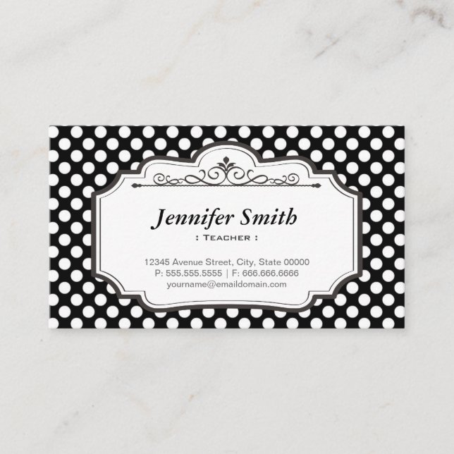 Teacher - Black Polka Dots Business Card (Front)