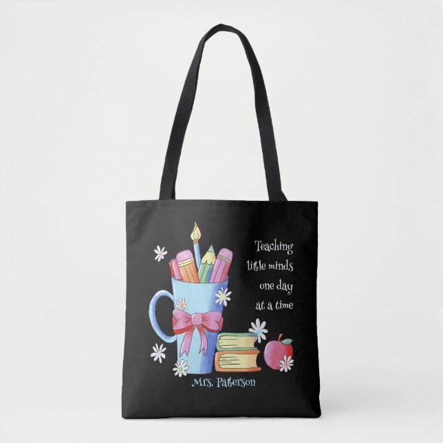Teacher Black Tote Bag with Quote and Name (Front)