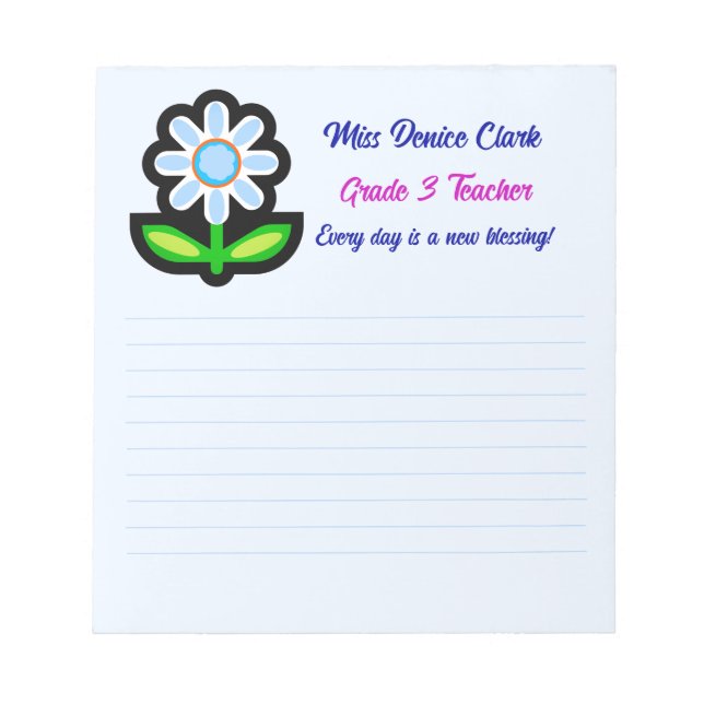 Teacher Blue Notepad with Blue Flower (Front)