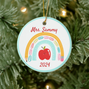 Teacher Boho Rainbow School Custom Christmas gift Ceramic Tree Decoration