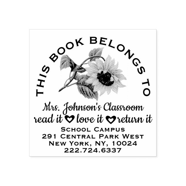 Teacher Bookplate Label Sunflower Adress Name Rubber Stamp (Imprint)