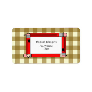 Teacher Bookplate - Tan Gingham & Red Pencils Label