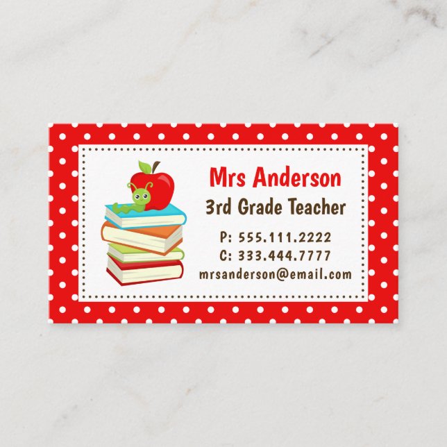 Teacher Bookworm Red Polka Dots Business Card (Front)