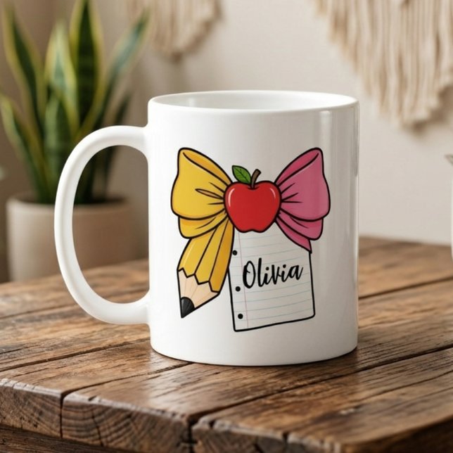 Teacher Bow Pencil Bow Back to School Custom Name Coffee Mug (Teacher Bow Mug, Teacher Appreciation Mug, Back to School Teacher Mug, Teacher Graduation Mug)