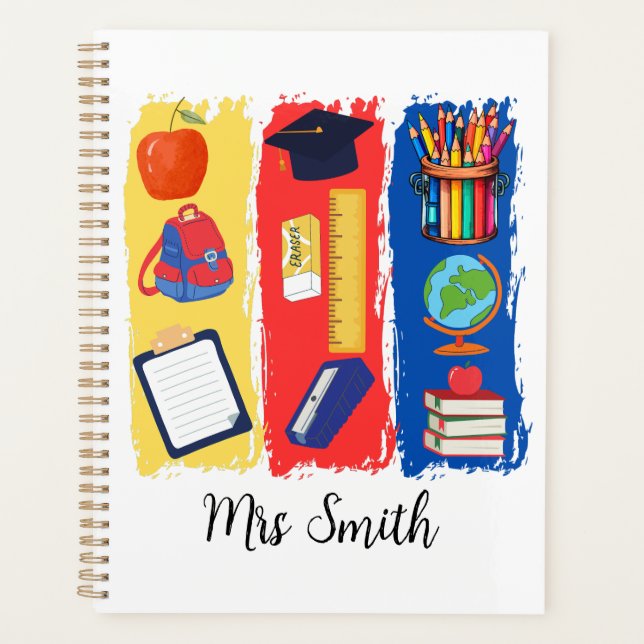 Teacher Bright Colour Brushstroke Personalise Planner (Front)