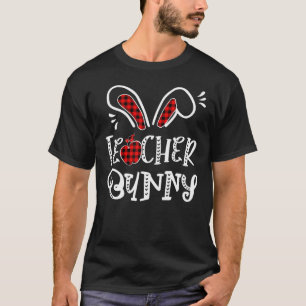 Teacher Bunny Apple Bunny Ears Buffalo Plaid Easte T-Shirt