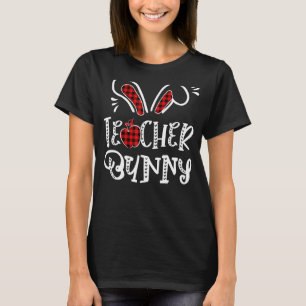 Teacher Bunny Apple Bunny Ears Buffalo Plaid Easte T-Shirt