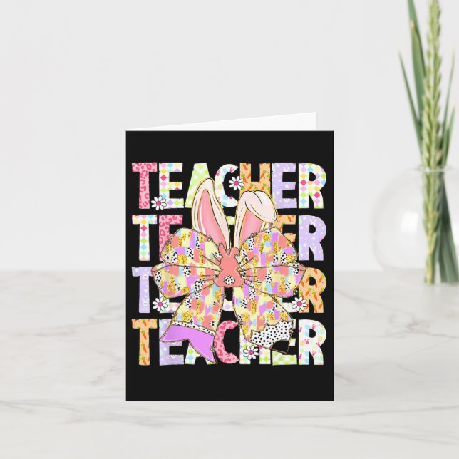 Teacher Bunny Coquette Bow Pencil Bunny Easter Day Card (Front)