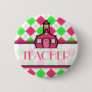 Teacher Button - Pink and Green Argyle