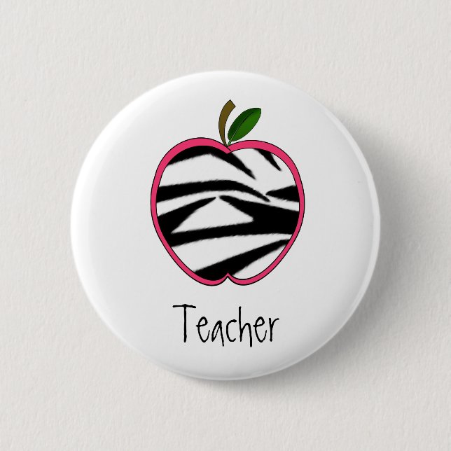 Teacher Button - Zebra Print Apple w Pink Outline (Front)