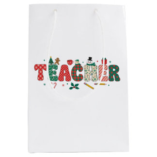 Teacher Christmas Plaid Letters Pencil Gingerbread Medium Gift Bag