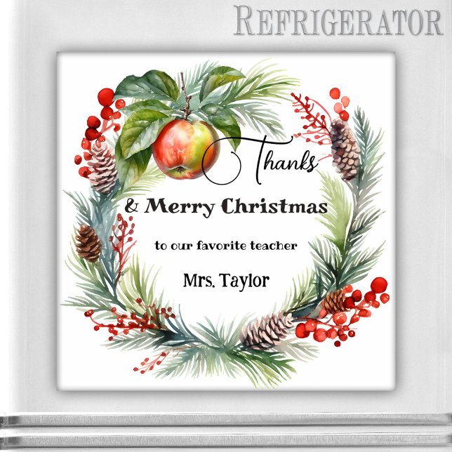 Teacher Christmas Thank You Magnet (Magnet featuring a watercolor Christmas holiday wreath with an apple. Thank You teacher gift)