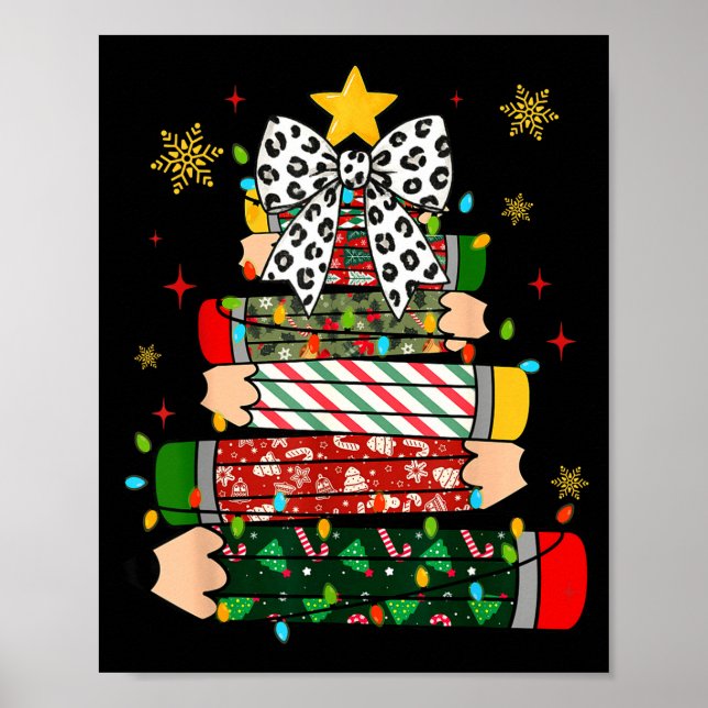 Teacher Christmas Tree Lights Pencil Leopard Print (Front)