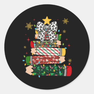 Teacher Christmas Tree Lights Pencil Leopard Print Classic Round Sticker