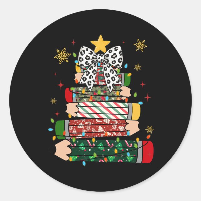 Teacher Christmas Tree Lights Pencil Leopard Print Classic Round Sticker (Front)