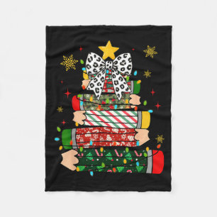 Teacher Christmas Tree Lights Pencil Leopard Print Fleece Blanket