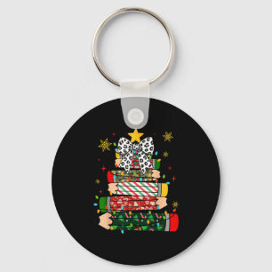 Teacher Christmas Tree Lights Pencil Leopard Print Key Ring