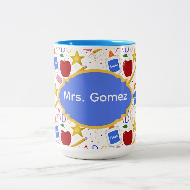  Teacher Classroom Apple Pencil Glue ABC Eraser Two-Tone Coffee Mug (Center)