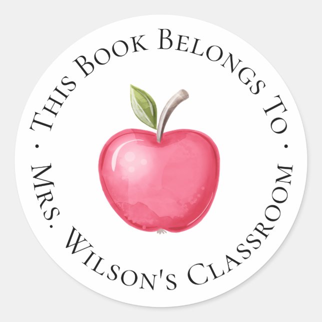 Teacher Classroom Bookplate with Apple Classic Round Sticker (Front)