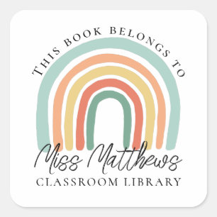 Teacher Classroom Library Rainbow Bookplate Square Sticker