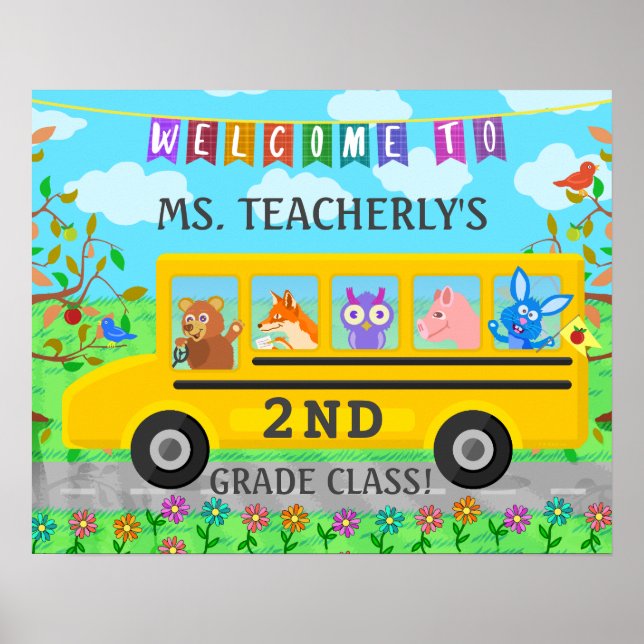 Teacher Classroom Welcome Sign Cute Animals on Bus (Front)