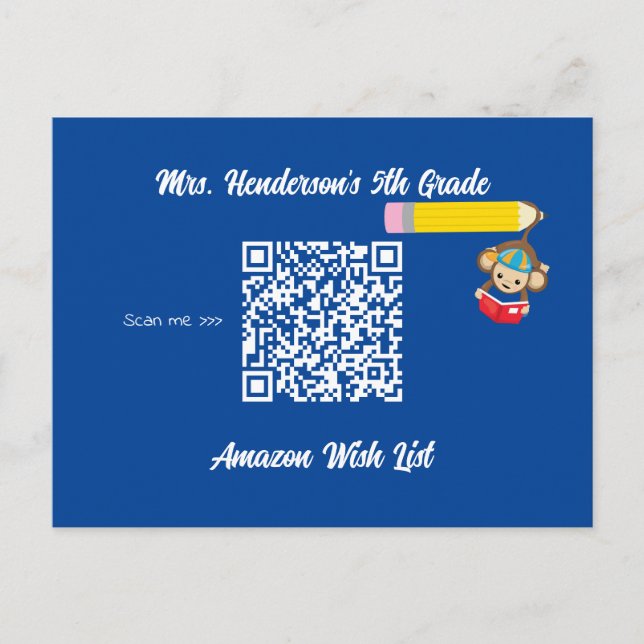 Teacher Classroom Wish List QR Code Monkey Postcard (Front)