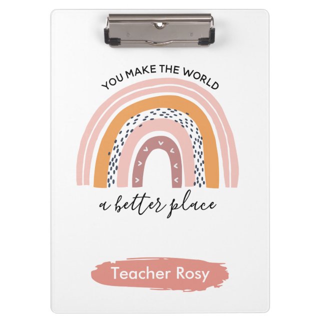 Teacher Clipboards Boho Rainbow Pink Personalised (Front)