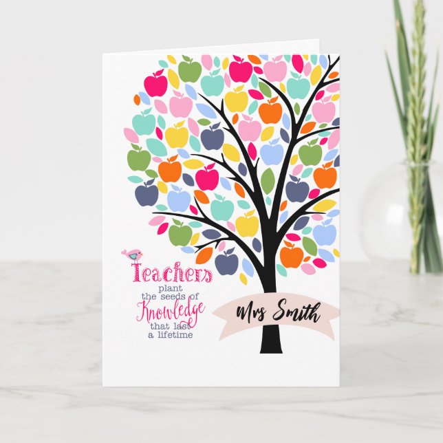 Teacher Colourful apple  Tree thank you gift Card (Front)