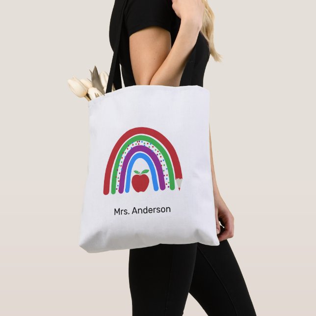 Teacher Colourful Cute Rainbow Tote Bag (Close Up)