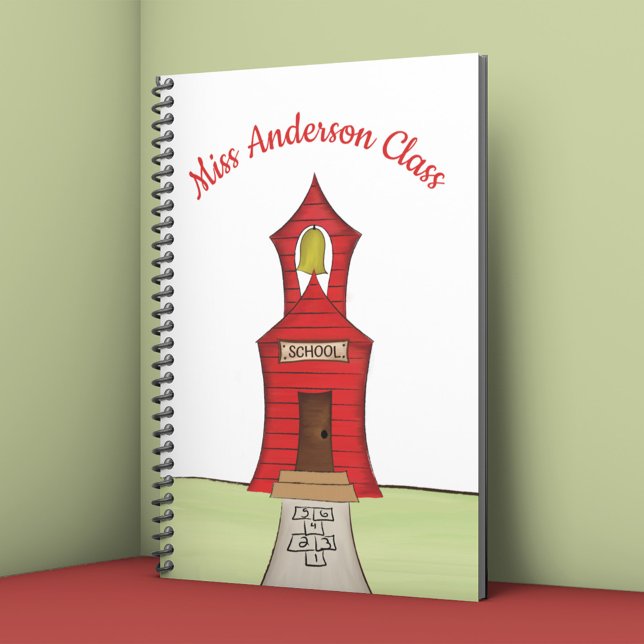 Teacher Colourful Cute Whimsical School Class Notebook (Personalized teacher notebook with red schoolhouse and hopscotch illustration for classroom notes.)