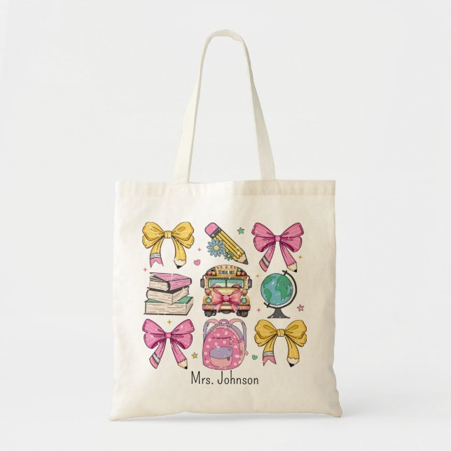 Teacher Coquette Pencil Bow Pattern Tote Bag (Front)