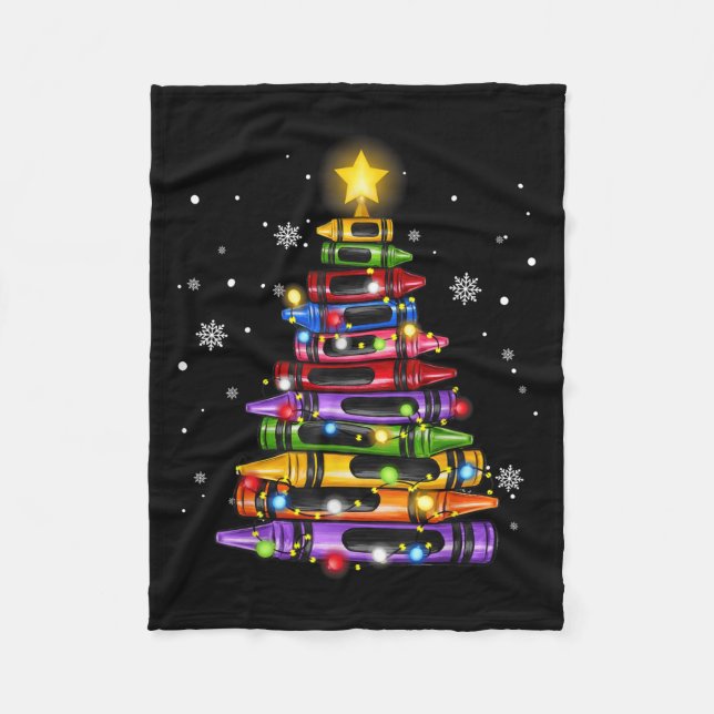 Teacher Crayon Christmas Tree Lights Student Schoo Fleece Blanket (Front)