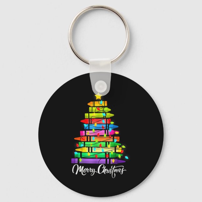 Teacher Crayon Merry Christmas Tree Lights School  Key Ring (Front)