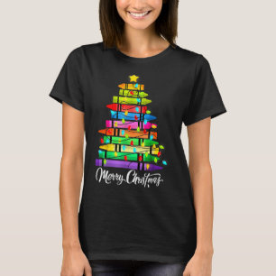 Teacher Crayon Merry Christmas Tree Lights School T-Shirt