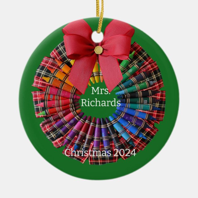 Teacher Crayon Wreath Personalised Ornament (Front)
