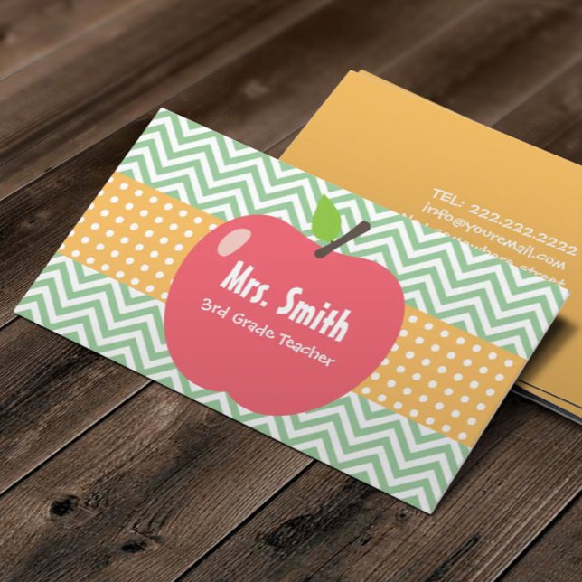 Teacher Cute Apple Chevron Stripes Business Card (Creator Uploaded)