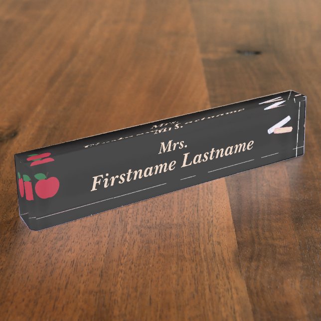 Teacher Desk Nameplate – Custom Black – Red Apple (Side)