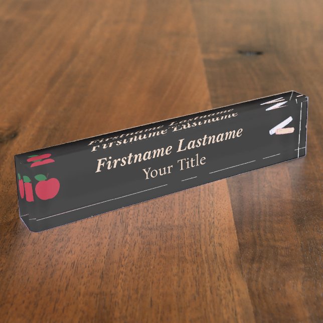 Teacher Desk Nameplate – Custom Black – Red Apple (Side)