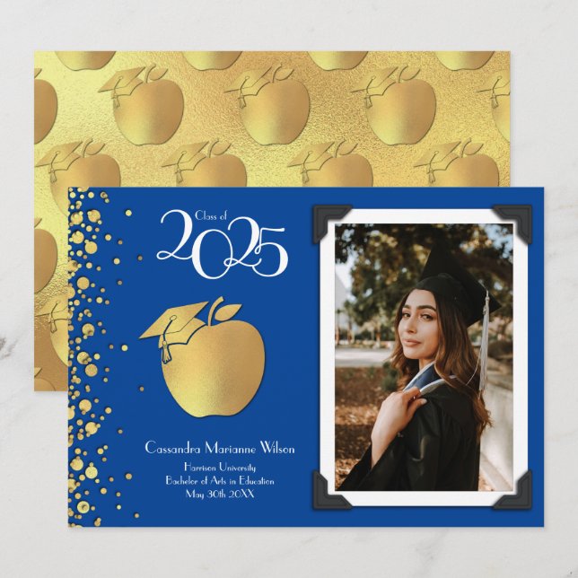 Teacher Education Gold Graduation Blue Invitation (Front/Back)