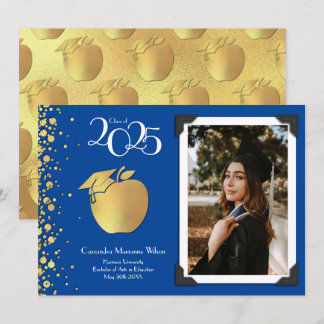 Teacher Education Gold Graduation Blue Invitation