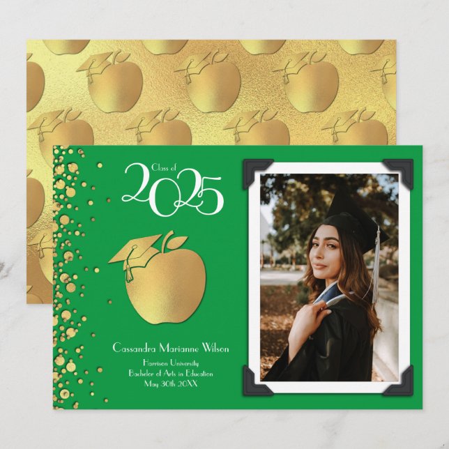Teacher Education Gold Graduation Green Invitation (Front/Back)