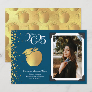 Teacher Education Gold Graduation Navy Blue Invitation
