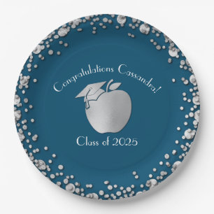 Teacher Education Graduation Blue Silver Paper Plate