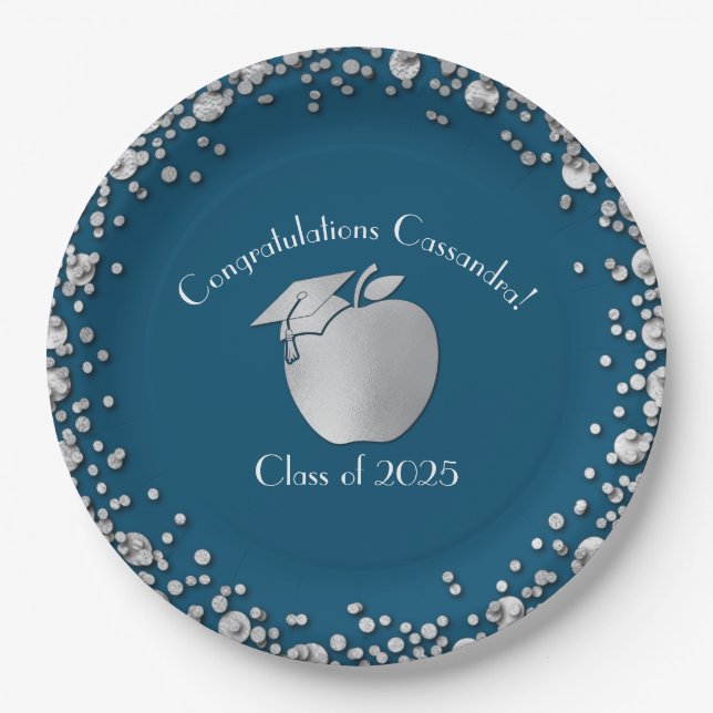 Teacher Education Graduation Blue Silver Paper Plate (Front)