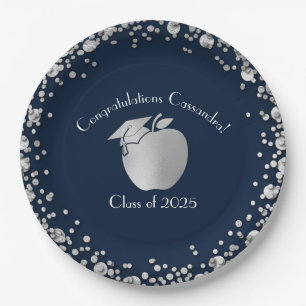 Teacher Education Graduation Navy Blue Silver Paper Plate