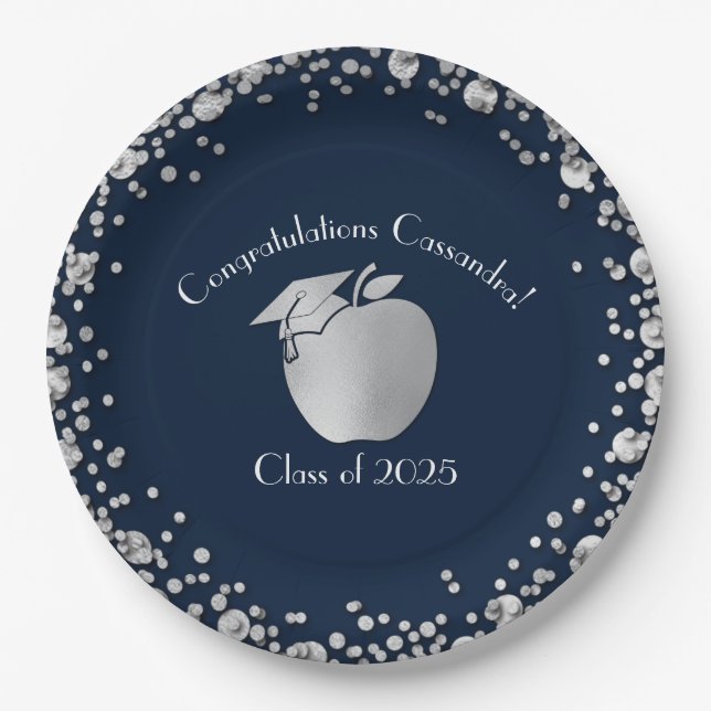 Teacher Education Graduation Navy Blue Silver Paper Plate (Front)