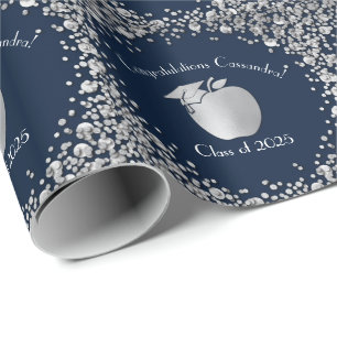 Teacher Education Graduation Navy Blue Silver Wrapping Paper
