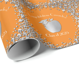 Teacher Education Graduation Orange Silver Wrapping Paper