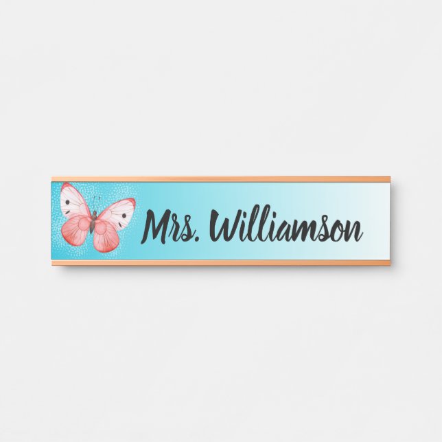 Teacher Educator Professional Pink Butterfly Blue Door Sign (Front)
