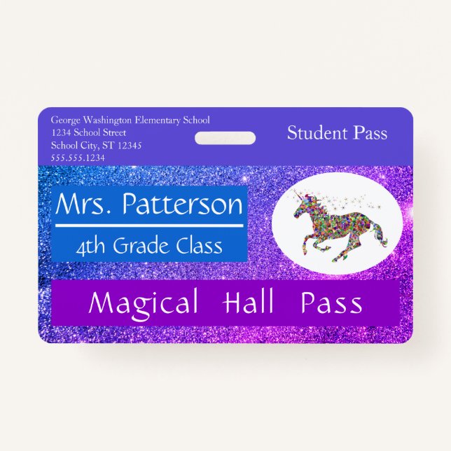 Teacher Elementary School Hall Pass Custom ID Badge (Front)